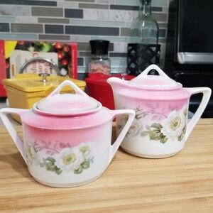 Vintage Germany Porcelain White Floral Sugar Creamer Set Pink Yellow Blush Trim